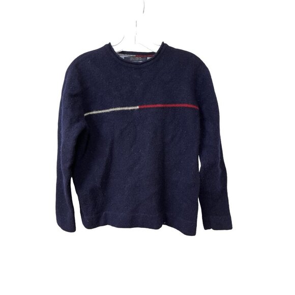 VTG TOMMY HILFIGER 100% Lambswool Logo Blue Navy Sweater Sleeve Women's Size L - Picture 1 of 5